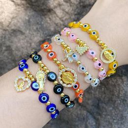 Bracelets à maillons 10 pièces mode oeil bleu chanceux pour femmes perles plaquées or cristal CZ vierge marie bijoux religieux cadeaux