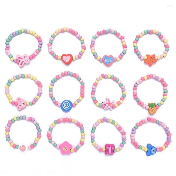 Bracelets de liaison 12pcs Cartoon Enfants Bracelet en bois pour fille d'anniversaire Favors Baby Kid Shower Gières Cadeaux Pinata Pinata