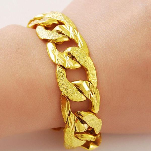 Pulseras de eslabones de 15mm Thich para hombre, cadena de pulsera de oro amarillo, pulsera curvada tallada, moda sólida, regalo de joyería para hombre, gota
