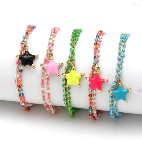Bracelets à maillons plaqué or 18 carats couleur arc-en-ciel brillant émail étoile bracelet pendentif pour femmes bohème double chaîne résistant à l'eau