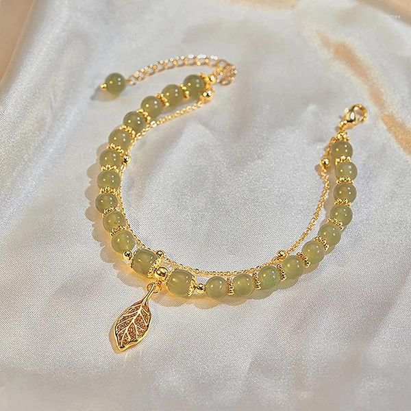 Bracelets à maillons pour femmes, 1 pièce, Imitation de perles de Jade, feuilles, chaîne Double couche pour filles, bijoux cadeau de fête de mariage