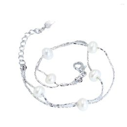 Pulseras de eslabones, regalo de cumpleaños delicado de 2 hebras, tobilleras de perlas blancas de agua dulce naturales, cadenas dobles para pies, pulsera ajustable para mujer