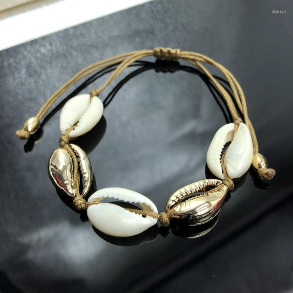 Lien Bracelets 2022 Kaki Cordon Hanamde Bracelet Or Couleur Ovale Perles Nature Shell Noeud Réglable Bijoux Cadeau Pour Noël