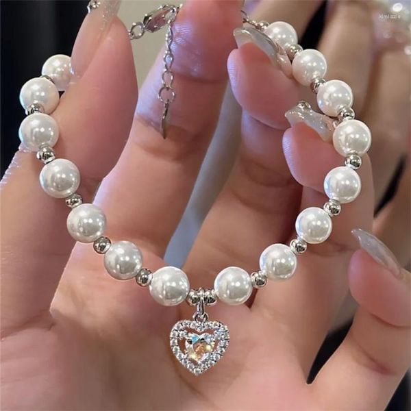 Pulseras de eslabones 2023, pulsera con dije de corazón de amor de circón coreano para mujer, elegante perla Y2K, accesorios de regalo de joyería Sl274