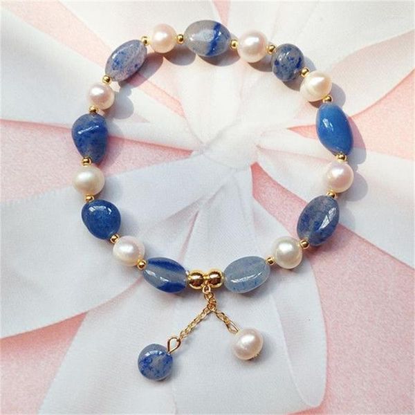 Link Armbänder 2023 Natürliche blaue Dongling Jade Armband Streifen Achate Perle Frauen elastische Armreifen Schmuck