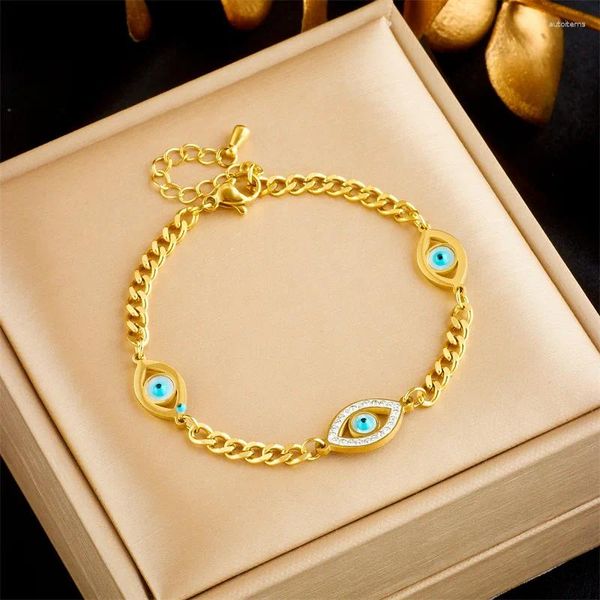 Pulseras de eslabones 2023 Ojo azul de acero inoxidable con pulsera con dijes de circón para mujer Cadena de moda Color dorado Joyería Regalo Boda femenina