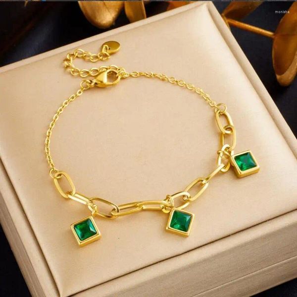 Bracelets à maillons 2023 en acier inoxydable carré vert zircon charme pendentif bracelet pour femmes tendance de la mode bijoux de luxe cadeau de fête d'anniversaire
