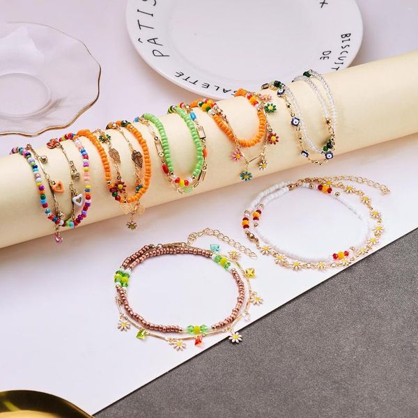 Bracelets à maillons 2023 Summer Sweet Daisy Flower Anklet pour femmes Boho Perles colorées Bracelet de cheville sur la jambe plage pieds nus pied de sandale