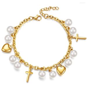 Link armbanden 2023 Titanium Steel Creative Cross Love Pearl Bracelet Women's Fashion Personality Roestloze verjaardagscadeaus