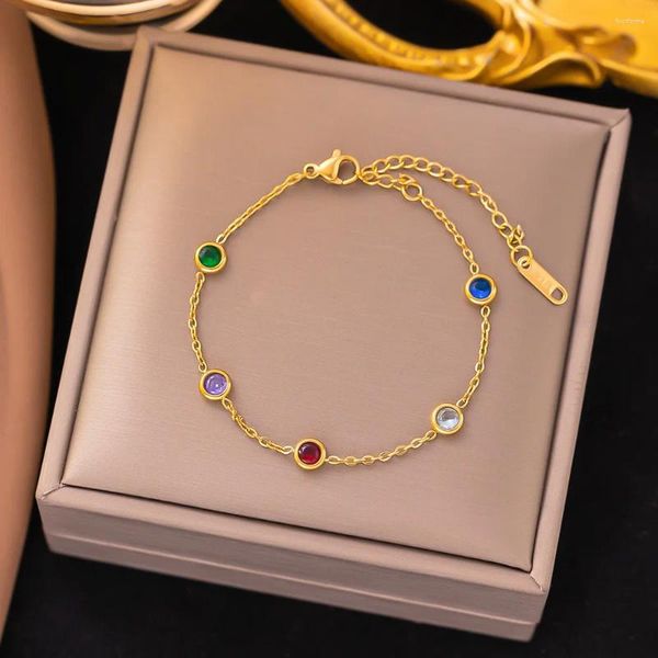 Bracelets à maillons en acier inoxydable pour femmes, élégant, coloré, Zircon cubique, chaîne de poignet en or, bijoux cadeau pour femmes, 2024