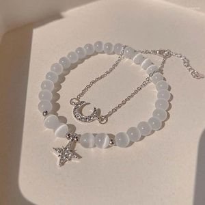 Bracelets à maillons 2 pièces, perles d'opale en cristal à la mode pour femmes et filles, couleur argent, chaîne étoile lune, pendentif, charme, bijoux cadeau