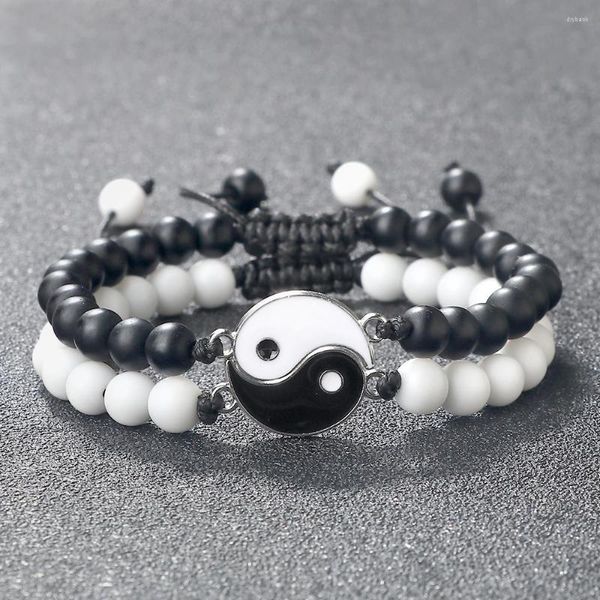 Bracelets à maillons 2 pièces hommes Yin Yang décor perles noir blanc Tai Chi pendentif bracelet à breloques pour femme Couple ami cadeau Pulseras