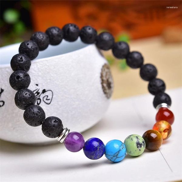 Bracelets de liaison 2pcs Natural Volcanic Stone Crystal Sept Chakra Bracelet pour femmes Fashion Summer Dopamine Charme Bijoux ACCESSOIRES 8 mm 8 mm