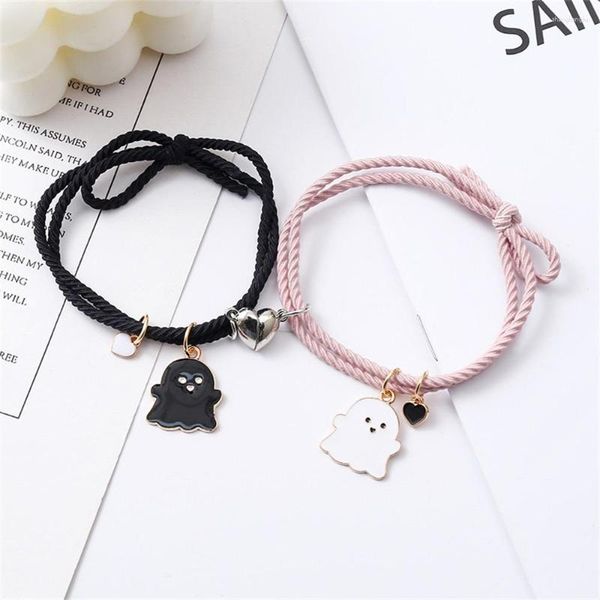 Pulseras de eslabones 2 unids/set pulsera colgante fantasma para mujer niña amistad corazón hecho a mano tejido ocultar cuerda pareja joyería regalos