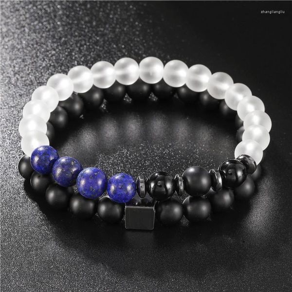 Bracelets à maillons pour hommes et femmes, 2 pièces/ensemble, pierre Lapis Lazuli naturelle mate, perles blanches givrées, énergie extensible, bijoux à breloques