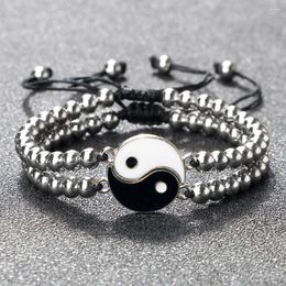 Link Armbanden 2 stks/set Tai Chi Yin Yang Hanger Voor Vrouwen Mannen Handgemaakte Gevlochten 5mm Koperen Kralen Bangle Charm balans Healing Sieraden