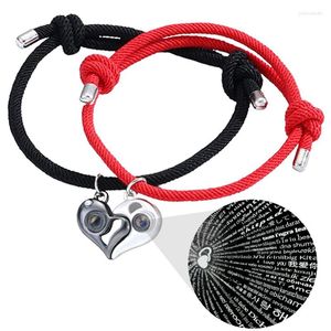 Bracelets à maillons 2 pièces en acier inoxydable 100 langues je t'aime projection magnétique couple bracelet coeur forme corde bijoux amoureux cadeaux