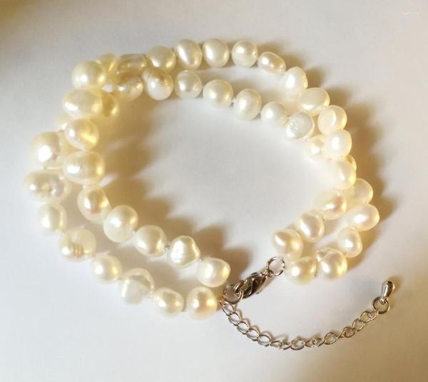 Pulseras de eslabones 2 filas blanco barroco pulsera de perlas planas 7 mm natural de agua dulce hecho a mano joyería de mujer boda