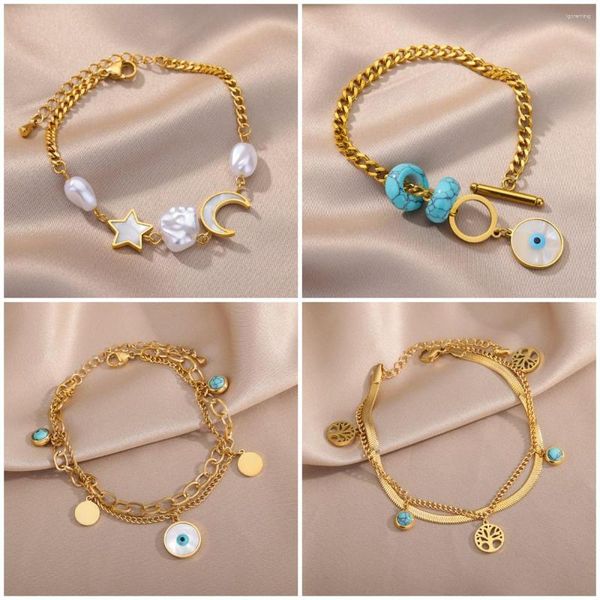 Lien Bracelets 316 Acier Inoxydable Rétro Bleu Étoile Double Couche Oeil Du Diable Chaîne Charme Bracelet Femmes Bijoux Cadeau De Mariage