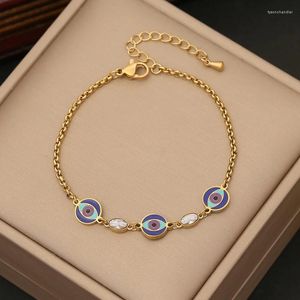 Link pulseiras 316l aço inoxidável olhos azuis pulseira com zircão para mulheres moda corrente cor de ouro jóias presentes não desbotando