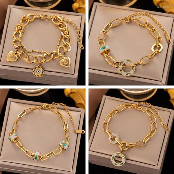 Pulseras de eslabones de acero inoxidable 316L, Color dorado, multicapa, ojo, amuleto malvado, pulsera para mujer, moda para chicas, brazalete, regalos de joyería para muñeca