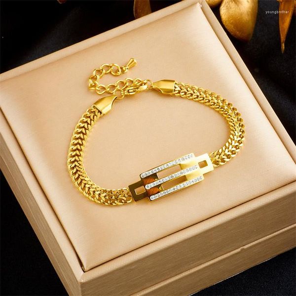 Bracelets à maillons en acier inoxydable 316L, chaîne rétro minimaliste mais à la mode avec micro incrustation géométrique de bracelet en bloc de zircon, bijoux à breloques