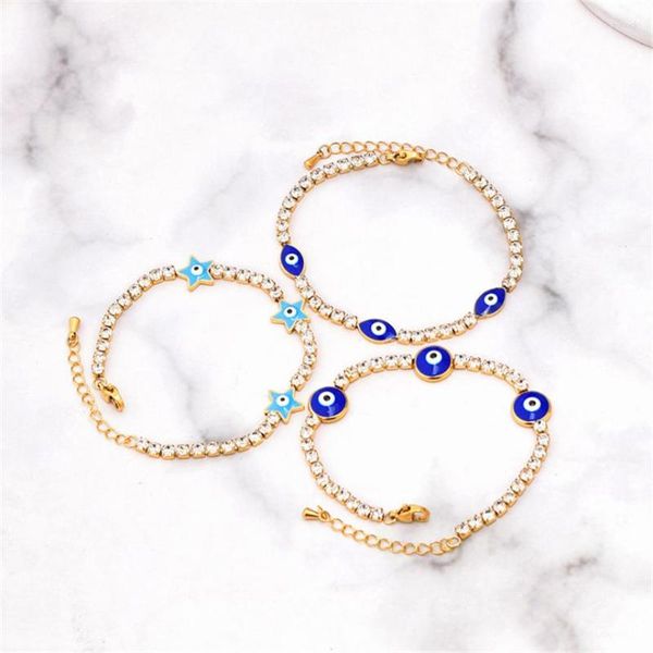 Pulseras de eslabones 316L Acero inoxidable Zircon Oval Estrella de cinco puntas Circular Ojos azules Gota Pegamento para mujeres Moda Joyería fina Regalo