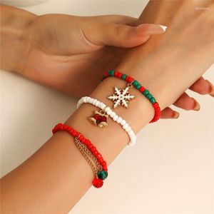 Lien Bracelets 3 pièces/ensemble perles rouges et vertes ensemble pour femmes hommes boule de noël flocon de neige cloche pendentif Bracelet cadeau bijoux