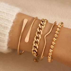 Bracelets à maillons 4 pièces/ensemble, bracelets ouverts en perles dorées pour femmes, Vintage, Simple, chaîne épaisse en alliage, breloque irrégulière