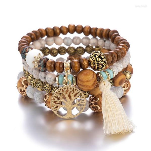 Bracelets à maillons 4 pièces/ensemble fait à la main en bois perlé bohème multicouche Bracelet pour femmes Vintage arbre de vie pendentif gland ensemble de bijoux