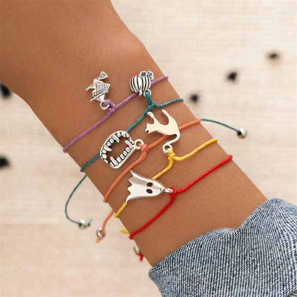 Pulseras de eslabones 5 unids/set conjunto de moda para mujer Color plata calabaza fantasma bruja colmillo colgante pulsera niñas joyería de Halloween