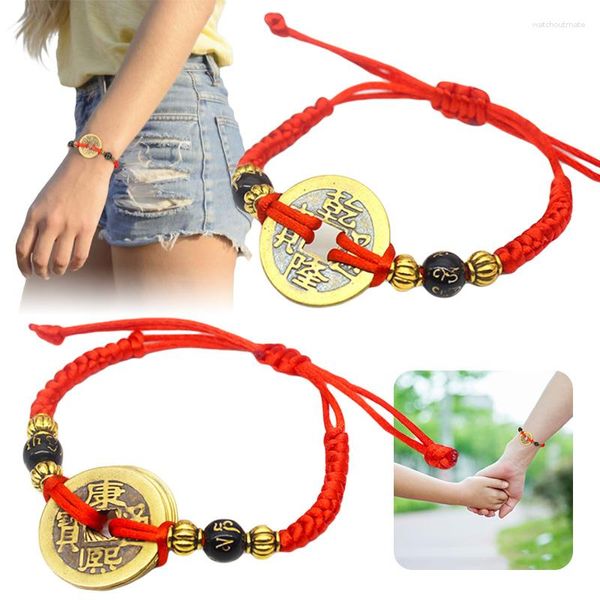 Bracelets à maillons 5pcs pièce de cuivre chinoise bracelet à cordes rouges femme hommes chanceux amulette tissage perle corde amitié couple bracelet bijoux