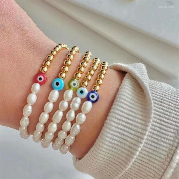 Lien Bracelets 5 pcs/lot Coloré Evild Eye Glacé Verre Perle Bracelet Perle D'eau Douce Cuivre Artisanat Bijoux En Gros