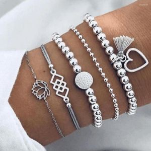Lien Bracelets 5 pièces/ensemble bohème en forme de coeur Lotus pour les femmes Boho bijoux gemme géométrique perles ange Bracelet à breloques