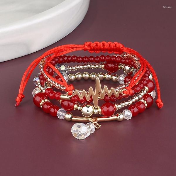 Lien Bracelets 5 Pcs/ensemble Mode D'été Bijoux Bohème Chaîne ECG Pendentif BraceletBangles Ensemble Rouge Résine Perlée Pour Les Femmes Bijoux