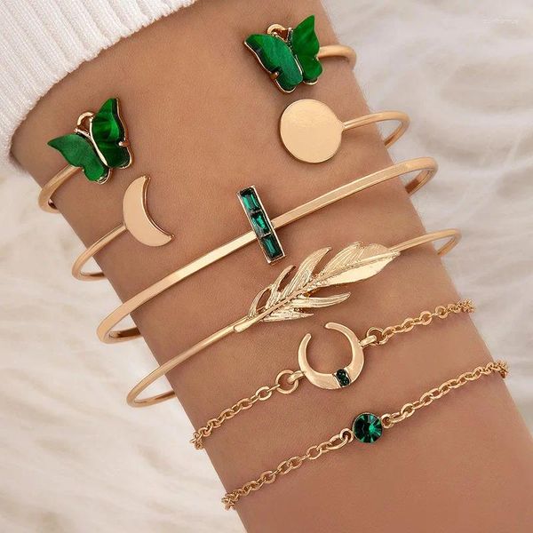 Bracelets à maillons 6/pcs Vintage brique incrustée Double papillon plume Bracelet pour femmes géométrique vert lumière OT lune ensemble ouvert