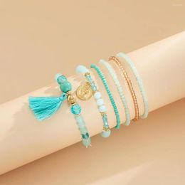 Link-Armbänder, 6 Stück, modisches blaues Kristall-Reisperlen-elastisches Armband mit Quasten für Damen-Temperament und mehrschichtigen Schmuck