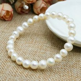 Pulseras de eslabones 7-8 mm cerca redondo blanco genuino pulsera de perlas de agua dulce joyería de moda elástica haciendo diseño mujeres niña regalos para la madre