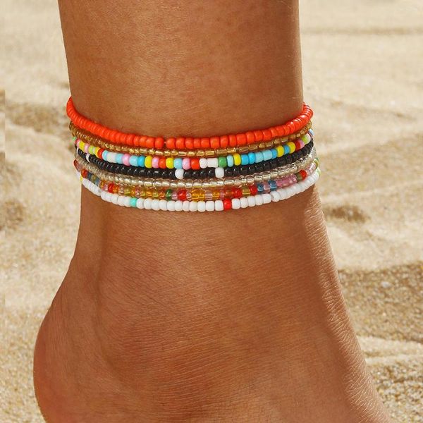 Lien Bracelets 7 pièces/ensemble bohème couleur riz perle bracelets de cheville pour les femmes coloré élastique perlé Bracelet de cheville à la main plage