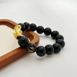 Bracelets de liaison 8/10/12 / 14 mm Chaîne de perles noires de pierre d'obsidienne pour hommes Golden pixiu bracelet bonne chance