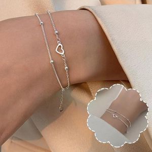 Link Bracelets 925 Silver Double Love Heart Hollow Round Beads Bracelet Adjustable Layered Beaded Chain Jewelry For Women Q5L8
