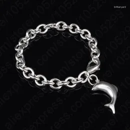 Pulseras de eslabones 925 Aguja de plata Delfín Colgante Charm Rolo Cadena para mujeres Joyería de fiesta de baile Regalo romántico