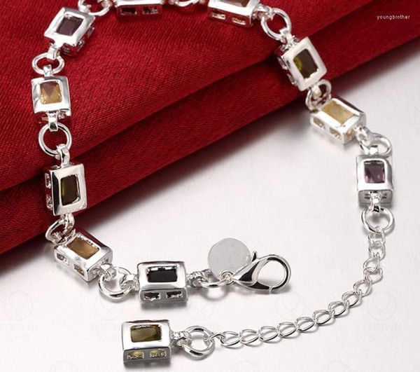 Link Armbänder 925 Sterling Silber Quadrat eingelegt mit mehrfarbigen Zirkon Armband Kette für Frau Verlobung Party Hochzeit Schmuck Geschenk