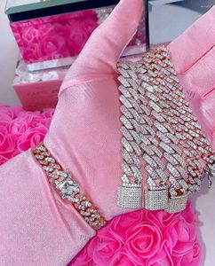 Link Armbanden 9mm Iced Out Vrouwen Armband Rose Goud Kleur Cubaanse Met Wit Roze Zirconia Ketting Hip hop Sieraden