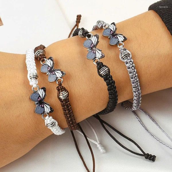 Bracelets à maillons réglables, corde tressée noire et blanche pour femmes, pendentif papillon bleu, breloque, bijoux faits à la main, cadeaux pour filles