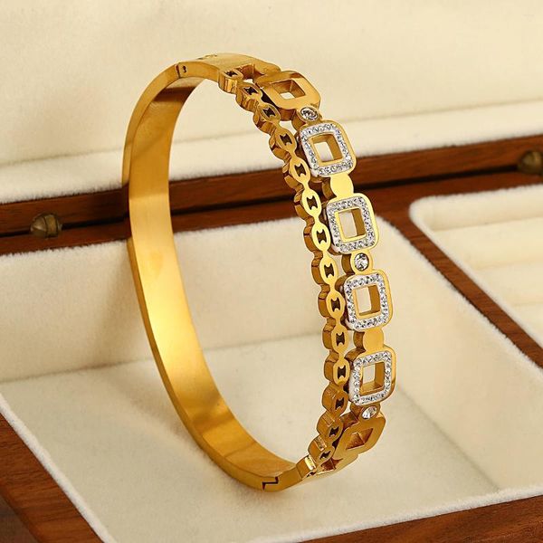 Link Bracelets AENSOA 316L acier inoxydable couleur or bracelet à breloques pour femmes tendance incrusté cristal Zircon carré poignet bijoux cadeau