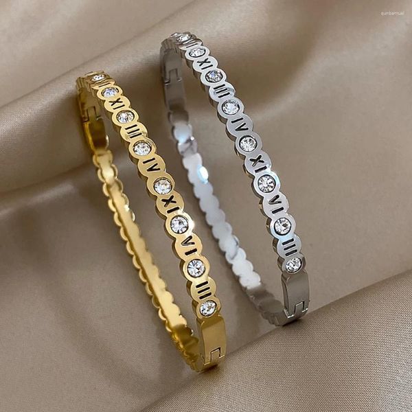 Pulseras de eslabones AENSOA con incrustaciones de textura de circón números romanos brazalete fino de acero inoxidable para mujeres encanto de moda joyería de color dorado