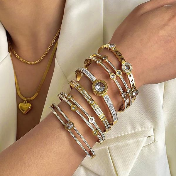 Lien Bracelets AENSOA Plusieurs Bracelets En Acier Inoxydable Zircon Blanc Chic À La Mode Pour Les Femmes Charme Texture Simple Or Couleur Bijoux