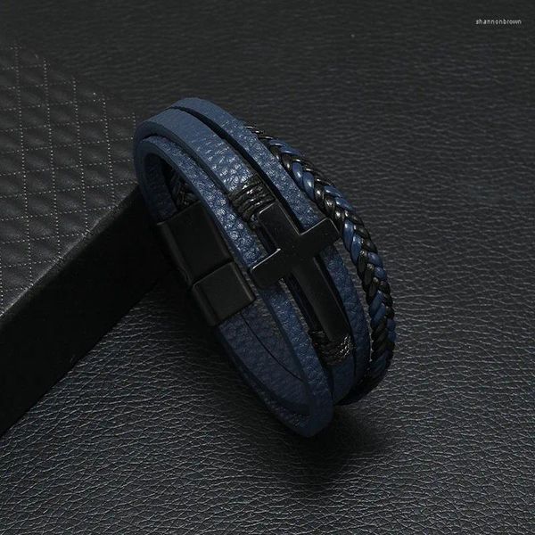 Bracelets à maillons en alliage pour hommes, boucle magnétique croisée noire, multicouche, cuir tissé Simple, bijoux cadeau pour petit ami