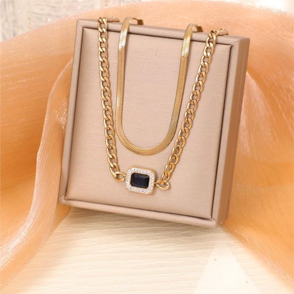 Bracelets à maillons Anenjery 316L en acier inoxydable double couche collier carré noir pour femmes simple lumière luxe bijoux accessoire cadeau